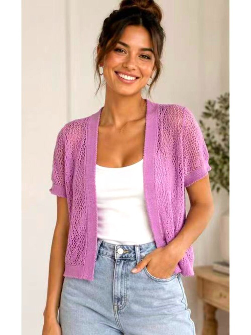 Women Open Front Knit Cropped Cardigan Bolero Shrug- One Size, Pink